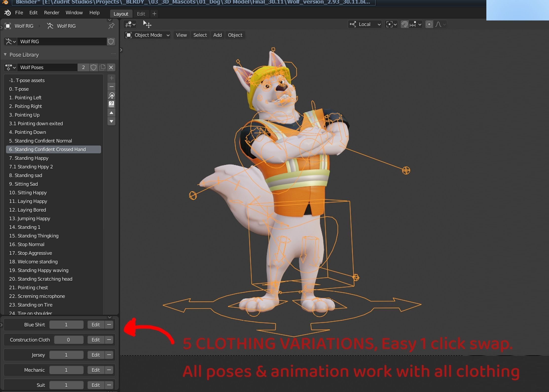 Rigify rigging system with professional rig controls for dog mascot